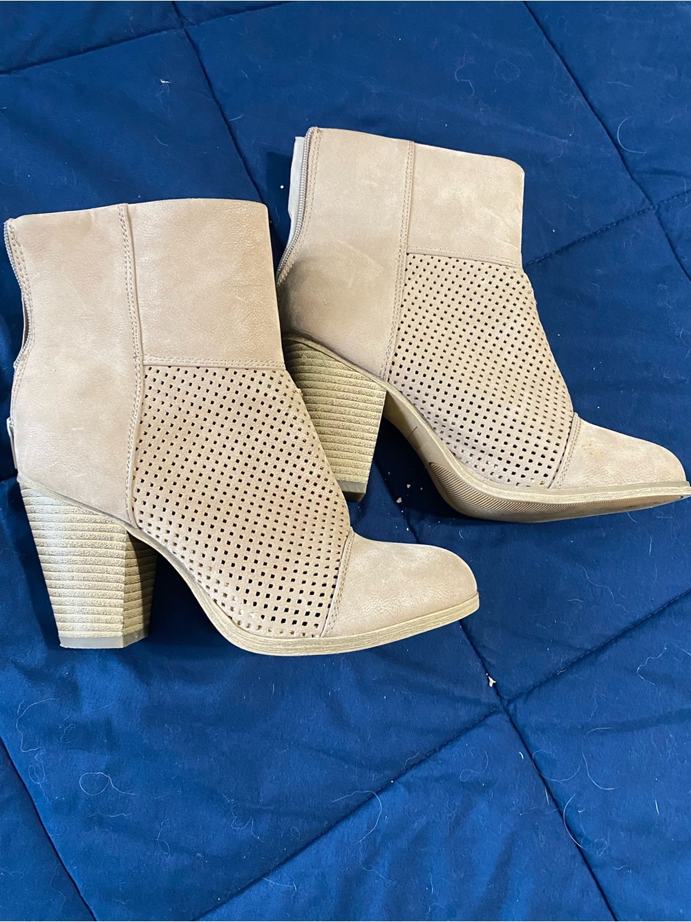 Dots Tan Perforated Suede Block Heel Ankle Booties